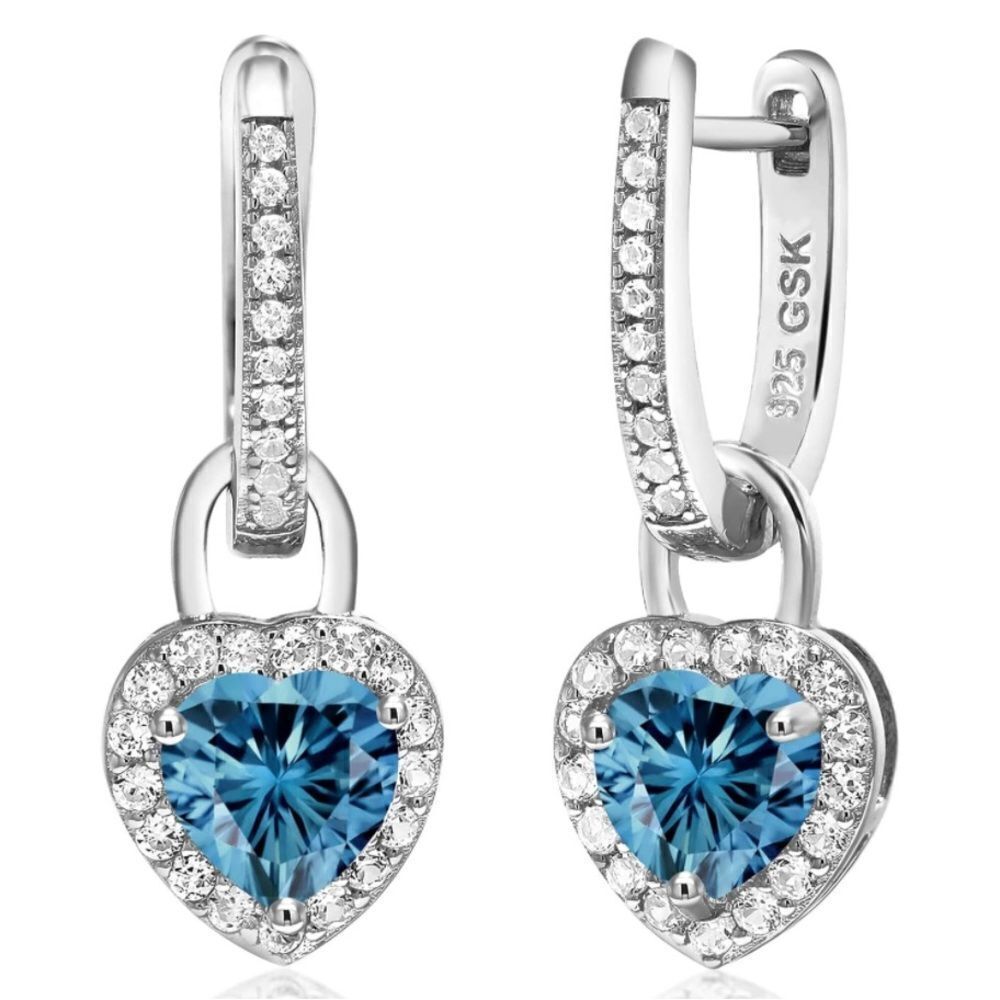 925 Sterling Silver 2.10 Cttw Blue Moissanite and White Sapphire Heart Earrings